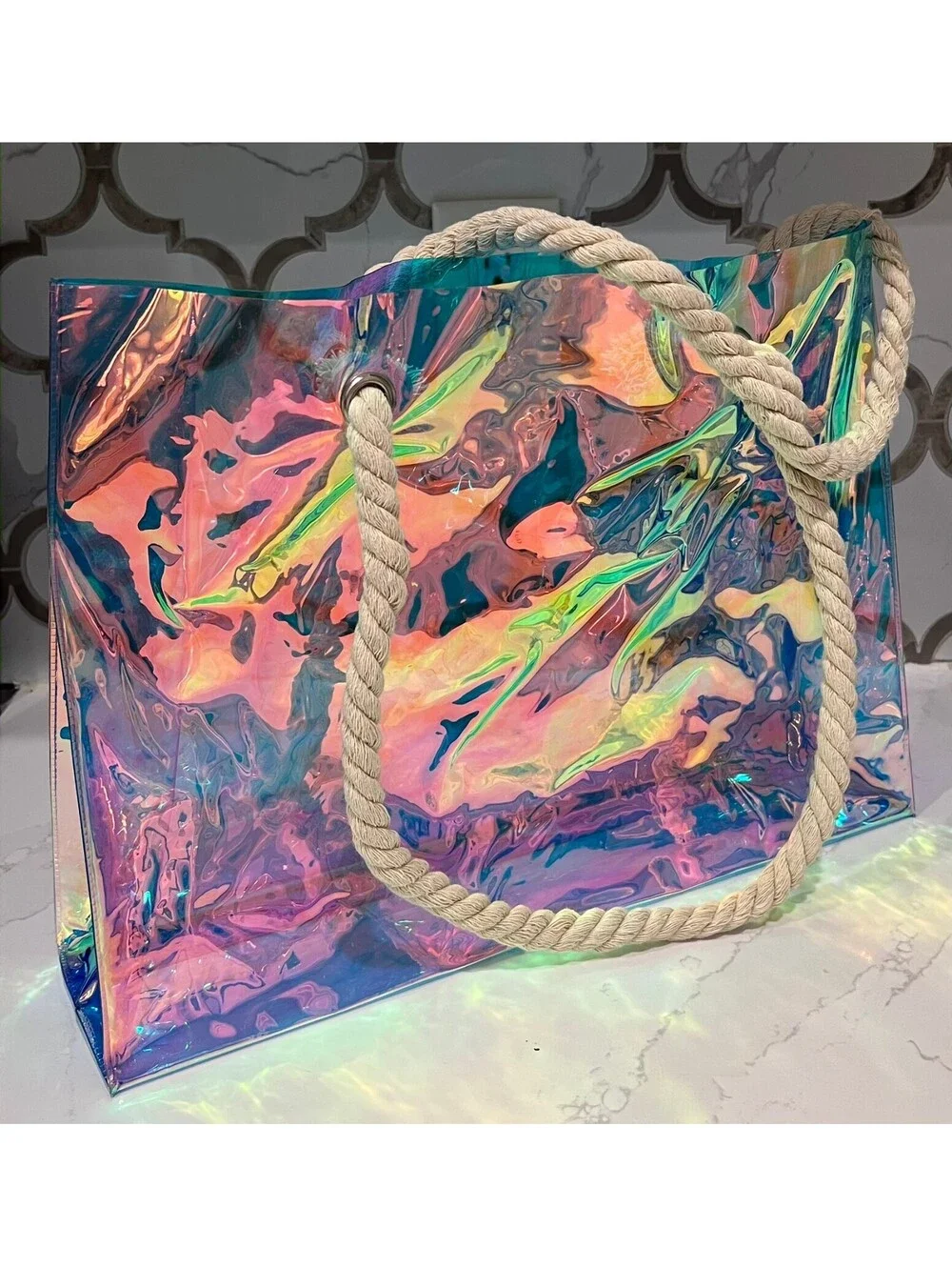 Large Holographic Clear Tote Bags Iridescent PVC Bag